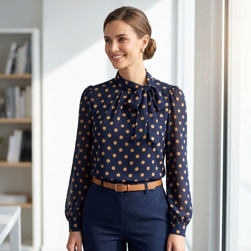KONTROL Navy Gold Polka Dot Blouse M Side Bow Tie Neck Puff Sleeve Dark Academia